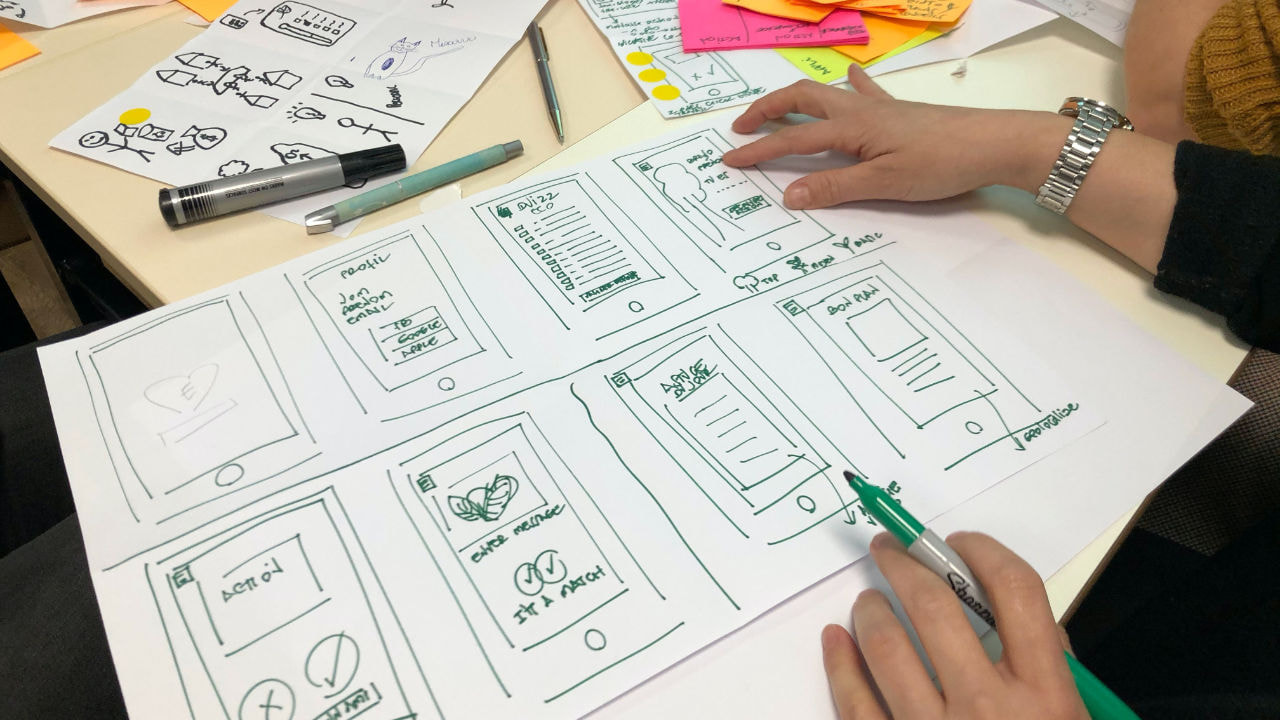 A female hand on the white canvas where she is sketching the crazy 8 ideas on it, the photo is from unsplash.com by Amelie Mourichon