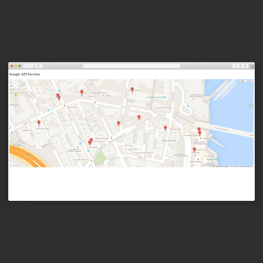 Web Application utilizing the Google Map Services APIs being displayed on the Safari Browser which is built with web technologies such as HTML, CSS, JavaScript